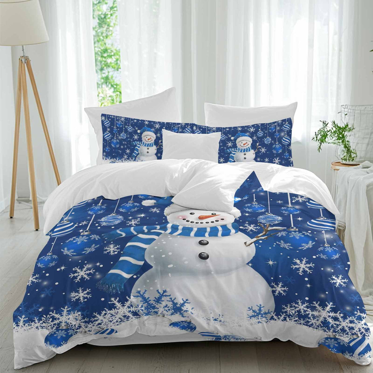 Christmas Blue Snowman 4 Piece Duvet Cover Set Full Size Xmas Balls Snowflake Soft Bedding Set Comforter Cover, 1 Duvet Cover 1 Flat Sheets and 2 Pillowcases