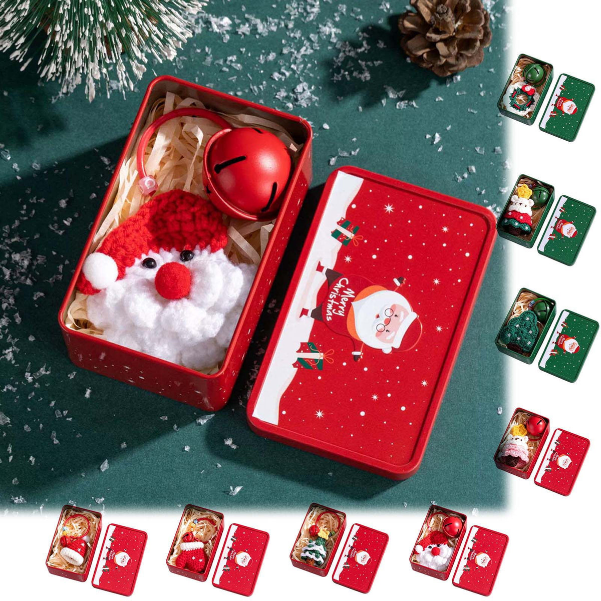 Christmas Tin Box with Plush Toy Surprise Gift Set Holiday Storage Container for s Stocking Stuffer(A)