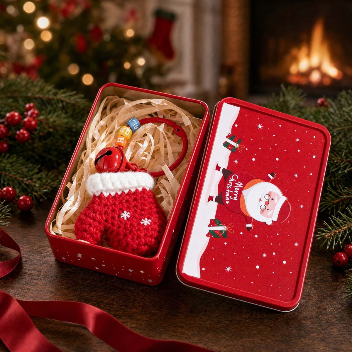 Christmas Tin Box with Plush Toy Surprise Gift Set Holiday Storage Container for s Stocking Stuffer(A)