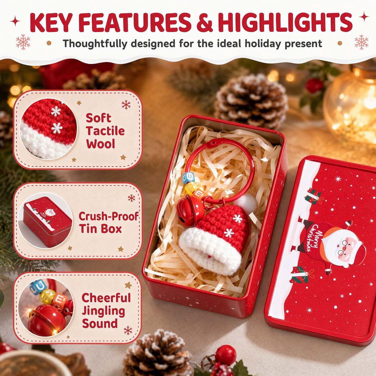 Christmas Tin Box with Plush Toy Surprise Gift Set Holiday Storage Container for s Stocking Stuffer(A)
