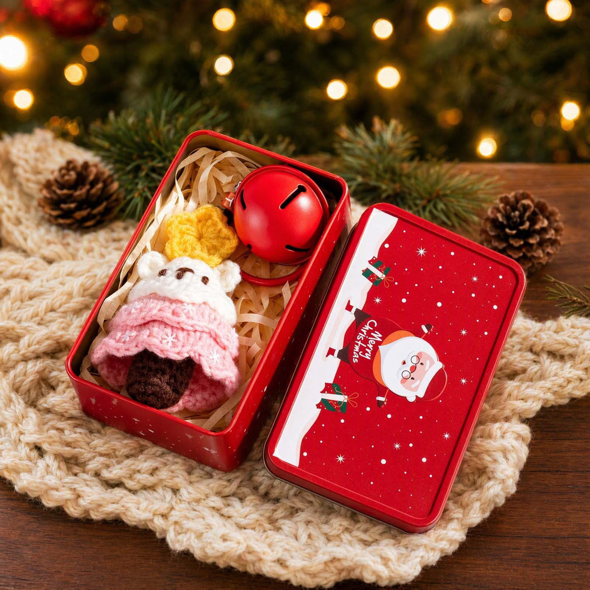 Christmas Tin Box with Plush Toy Surprise Gift Set Holiday Storage Container for s Stocking Stuffer(A)