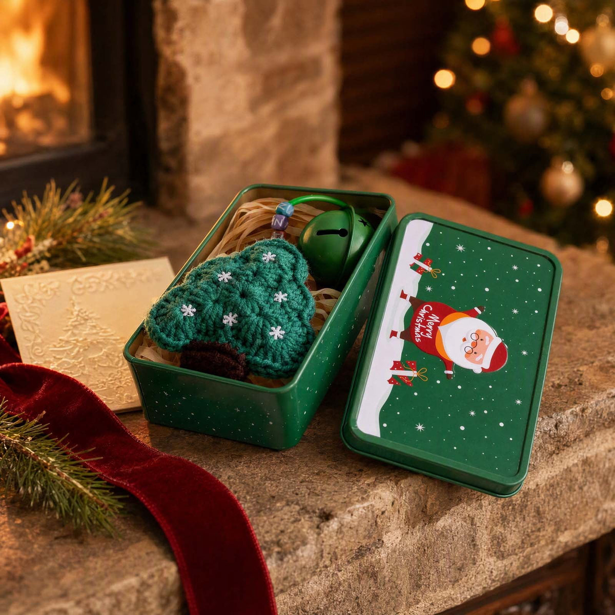 Christmas Tin Box with Plush Toy Surprise Gift Set Holiday Storage Container for s Stocking Stuffer(A)