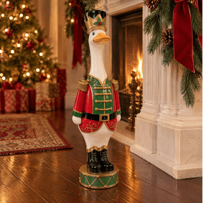 Christmas Faux Nutcracker Goose Resin Statue, Festive Soldier Figurine with Drum Base for Mantel, Porch, Christmas Decor