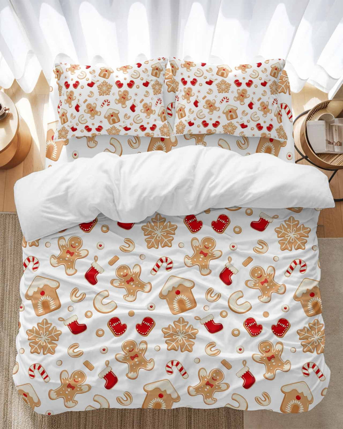 Christmas Gingerbread Man Bedding Duvet Cover Set Twin Size 4 Pieces Winter Snowflake Food White Bedding Set with Zipper Closure, 1 Comforter Cover 68x90 Inches 1 Flat Sheet & 2 Pillow Cases