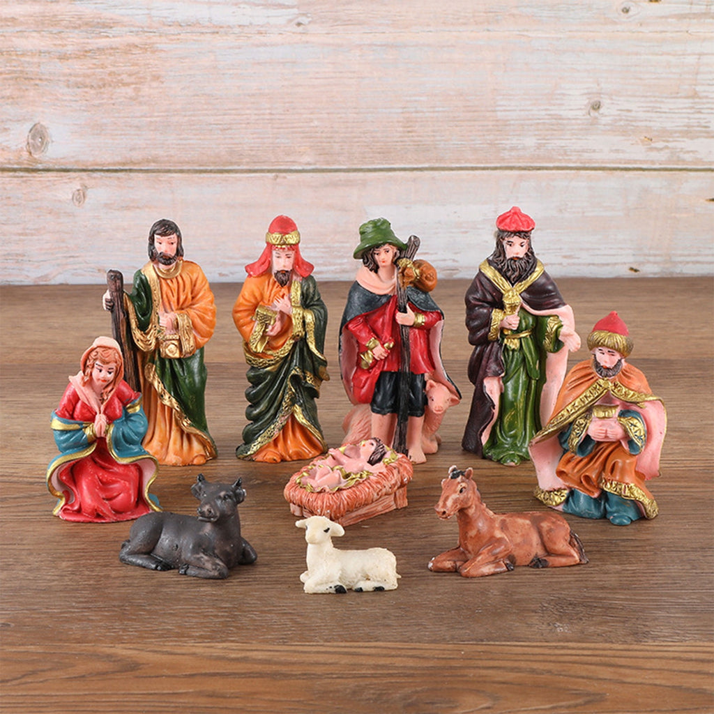 Christmas Nativity Religious Ornaments (10 Pcs) - Little People Nativity Set Resin Manger Figure Crafts, Exquisite Design for Living Room Study Decor