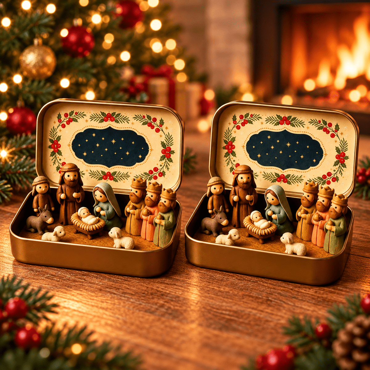 Christmas Nativity Scene in a Tin Mini Manger Scene Portable Tin Box Tabletop Decor for Mantel Shelf Fireplace Desk Holiday Decoration