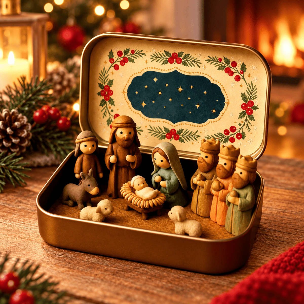 Christmas Nativity Scene in a Tin Mini Manger Scene Portable Tin Box Tabletop Decor for Mantel Shelf Fireplace Desk Holiday Decoration