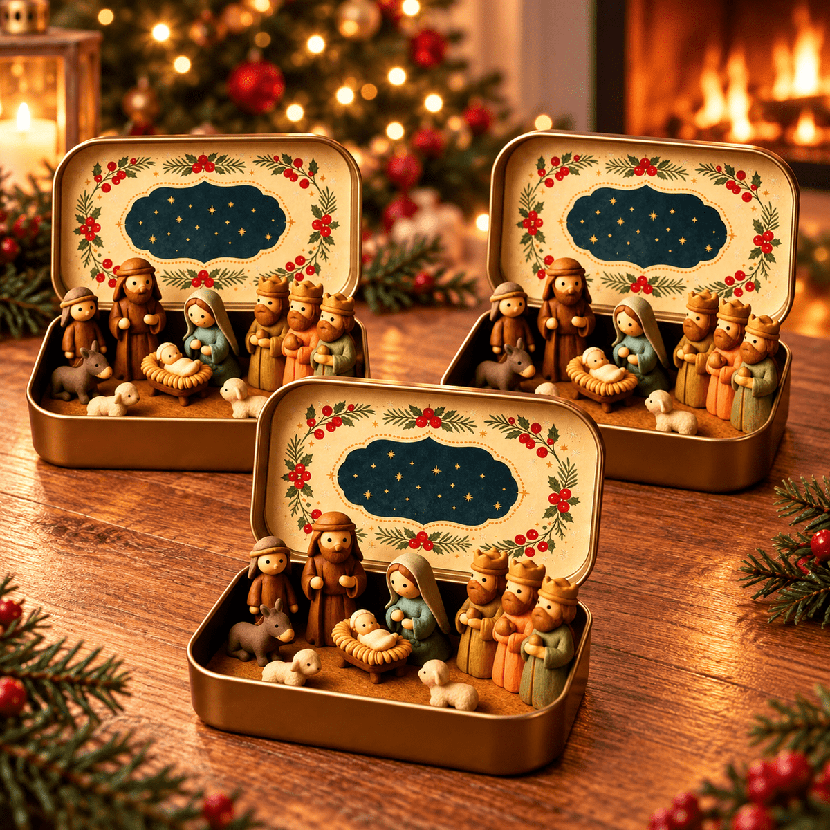 Christmas Nativity Scene in a Tin Mini Manger Scene Portable Tin Box Tabletop Decor for Mantel Shelf Fireplace Desk Holiday Decoration