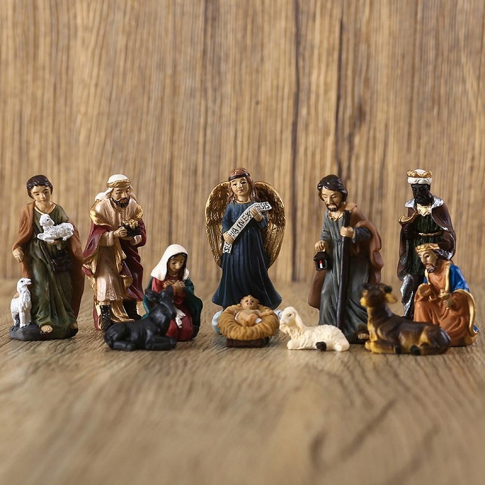 Christmas Nativity Set, 11Pcs Figures Real Life Nativity Full Complete Resin Ornaments, Nativity Scene with Resin Figures Statue Resin Crafts, Mini Jesus Resin Nativity Set,Christmas Decorations