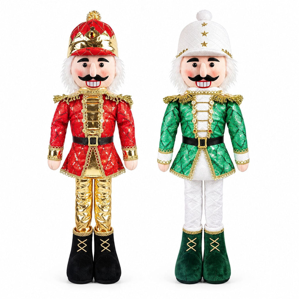 Christmas Nutcracker Figurines with Stretchable Legs, 2 Pack, 21 to 28 Inches, Red and Green Fabric, for Mantel and Home Decor