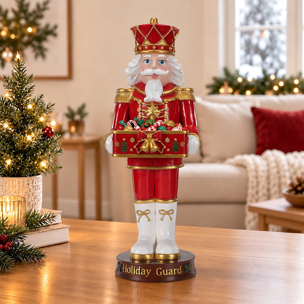 Christmas Nutcracker Soldier Statue with Serving Tray, Red & Gold Holiday Guard Figurine