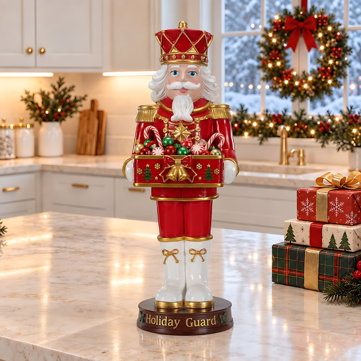 Christmas Nutcracker Soldier Statue with Serving Tray, Red & Gold Holiday Guard Figurine