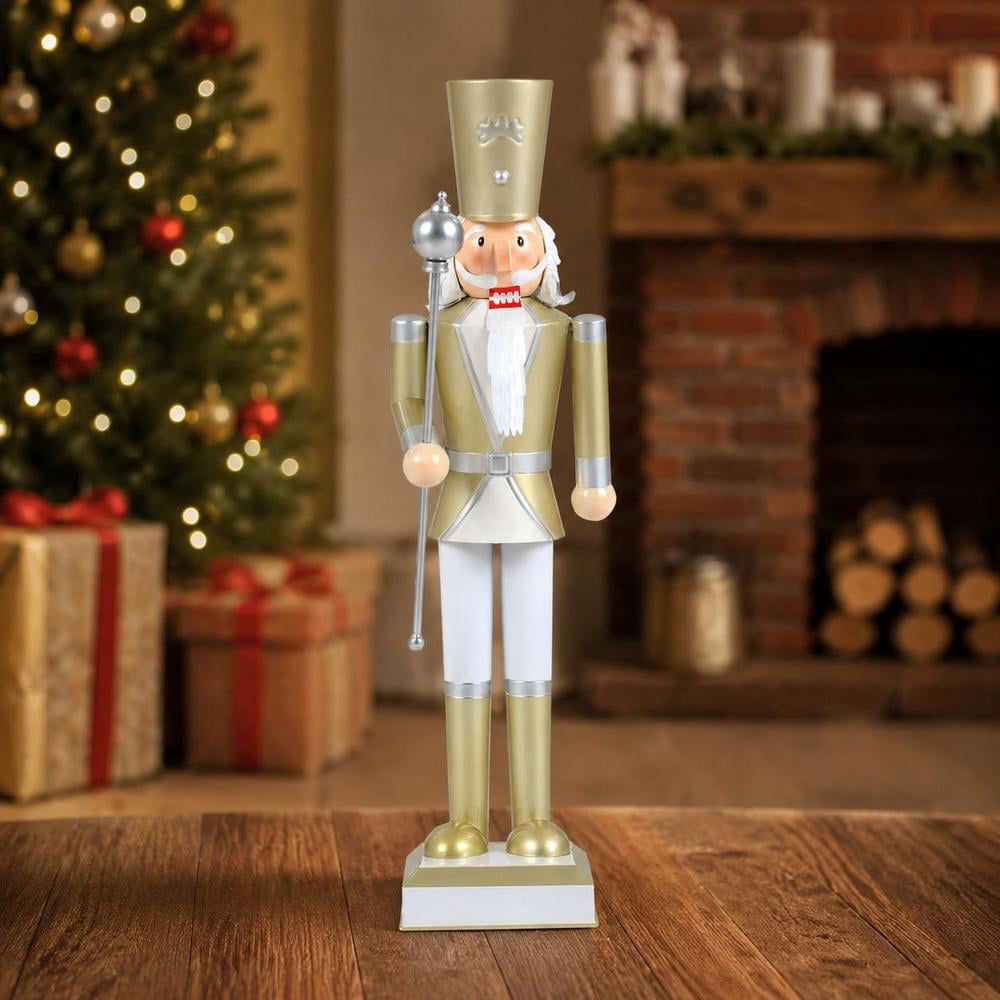 Christmas Nutcracker with High Hat, Scepter, Hidden Storage Compartment, 32.5 Inch, White and Golden