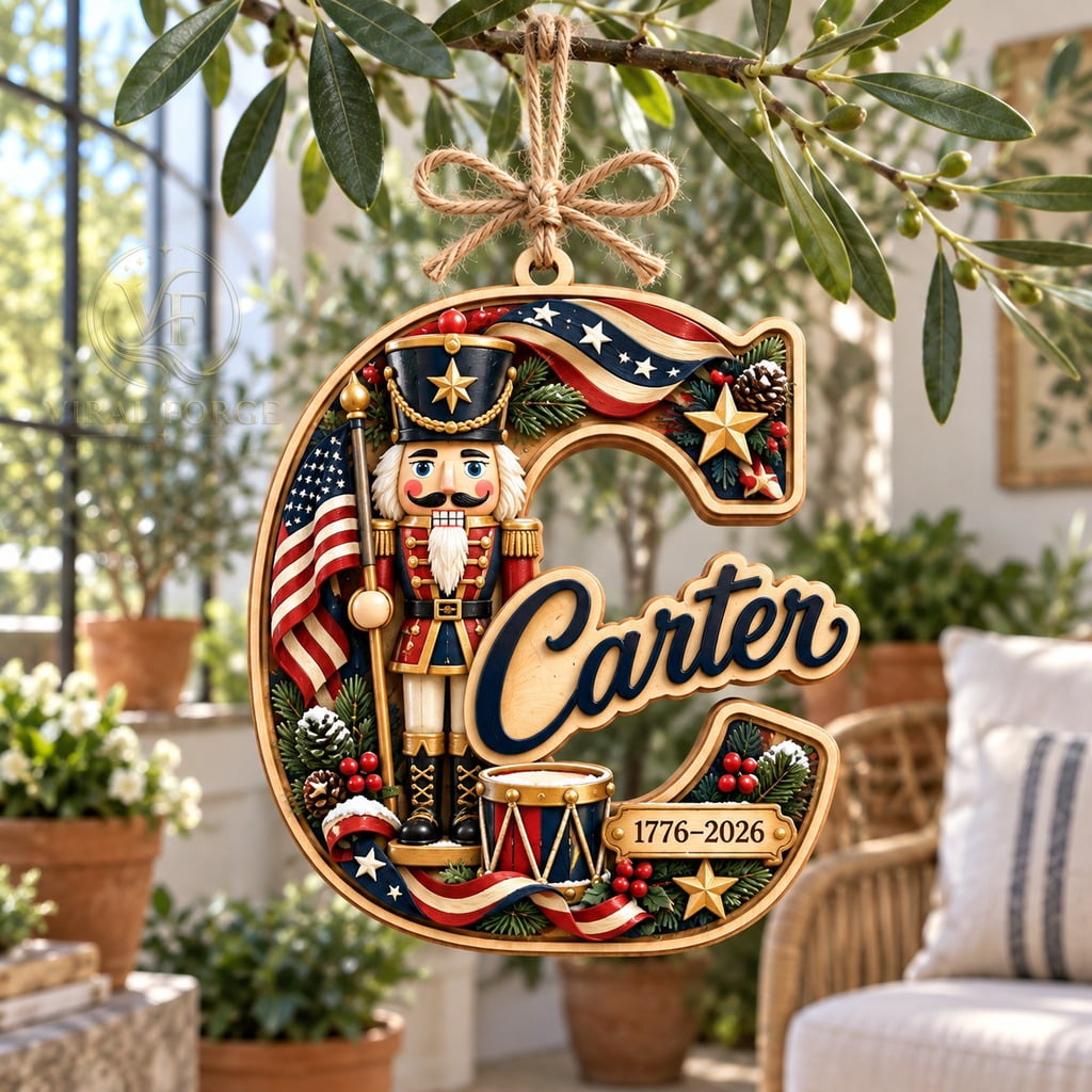 Christmas Ornament, Carter Initial C Nutcracker, 2 Layer Wood Tree Hanging, Patriotic Keepsake Gift