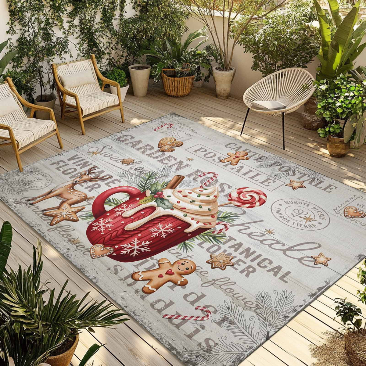 Christmas Outdoor Rug for Patio/Deck/Porch, Non-Slip Large Area Rug 6 x 9 Ft, Xmas Deer Ice Cream Cookies Candy Pine Needles Indoor Outdoor Rugs Washable Area Rugs, Camping Rug Carpet Runner