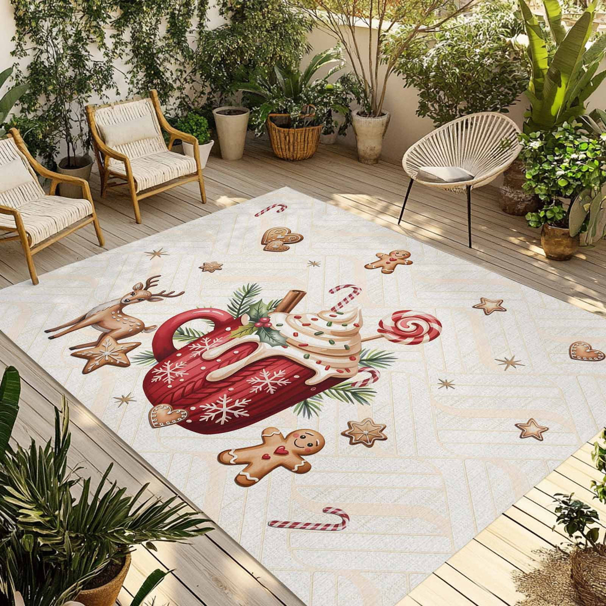 Christmas Outdoor Rug for Patio/Deck/Porch, Non-Slip Large Area Rug 6 x 9 Ft, Xmas Deer Ice Cream Cookies Candy Pine Needles Indoor Outdoor Rugs Washable Area Rugs, Camping Rug Carpet Runner