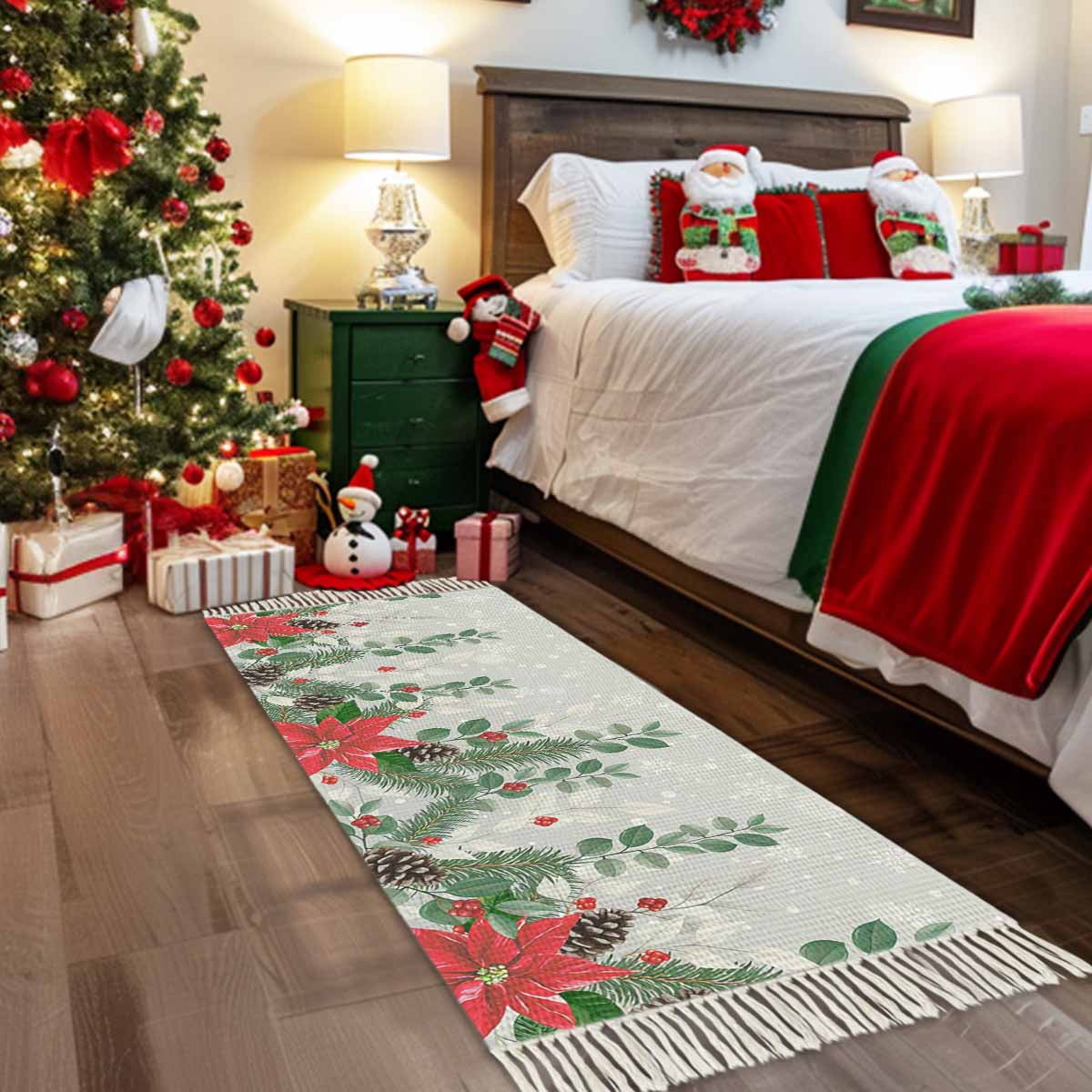 Christmas Poinsettia Large Area Rug 4x6ft Woven Runner Rug,Farmhouse Eucalyptus Botanical Xmas Washed Living Room Bedroom Kitchen Bathroom Classroom Carpet with Tassels,Indoor Outdoor Throw Door Mat
