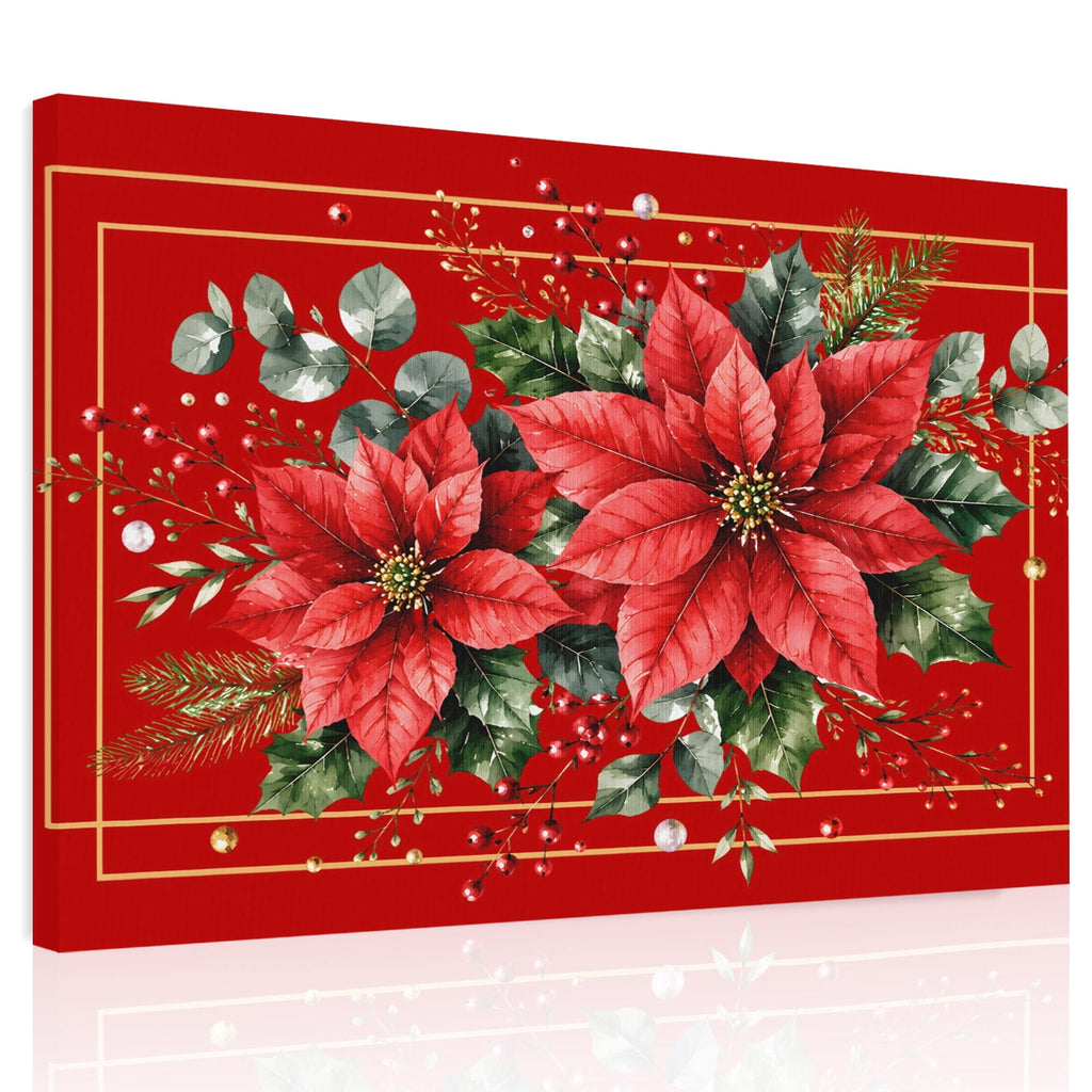 Christmas Poinsettia Flower Canvas Print Wall Art Festive Eucalyptus Leaves Red Base Wall Decor Modern Artwork Paintings Pictures for Living Room Stretched and Framed Ready to Hang - 24" x 32"
