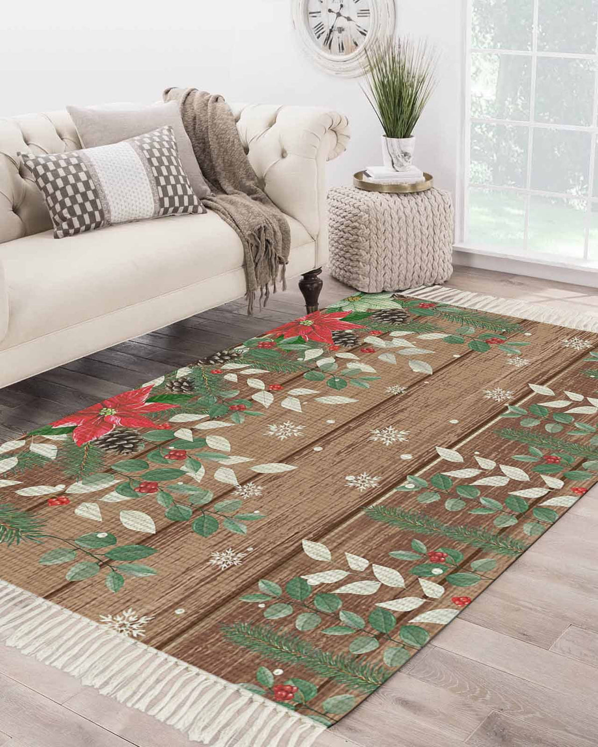 Christmas Poinsettia Large Area Rug 4x6ft Woven Runner Rug,Farmhouse Eucalyptus Botanical Xmas Washed Living Room Bedroom Kitchen Bathroom Classroom Carpet with Tassels,Indoor Outdoor Throw Door Mat