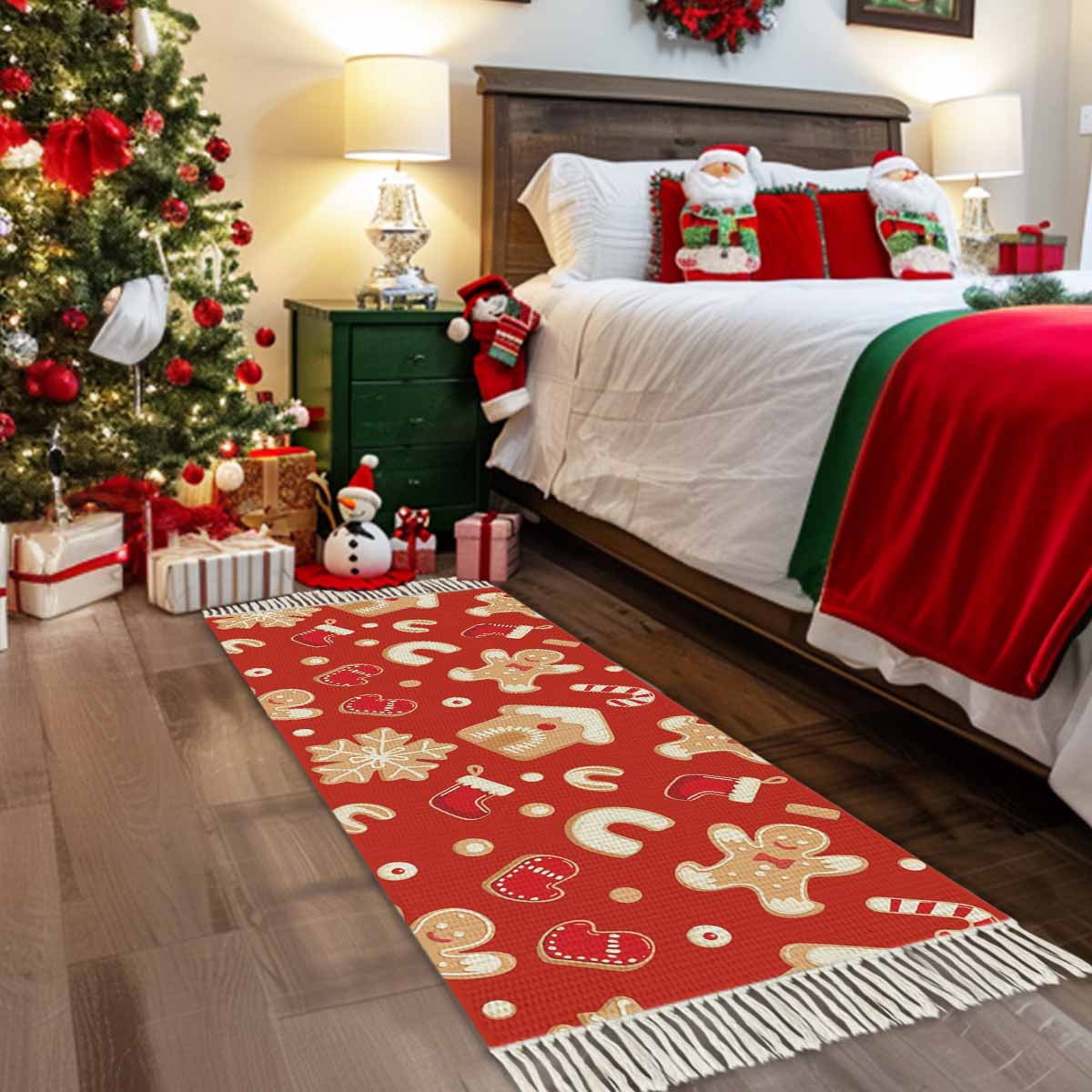 Christmas Area Rug 3x5ft Woven Runner Rug,Gingerbread Merry Xmas Snowflakes Holiday Washable Living Room Hallway Bedroom Kitchen Carpet with Tassels,Indoor Outdoor Throw Door Mat for Entryway