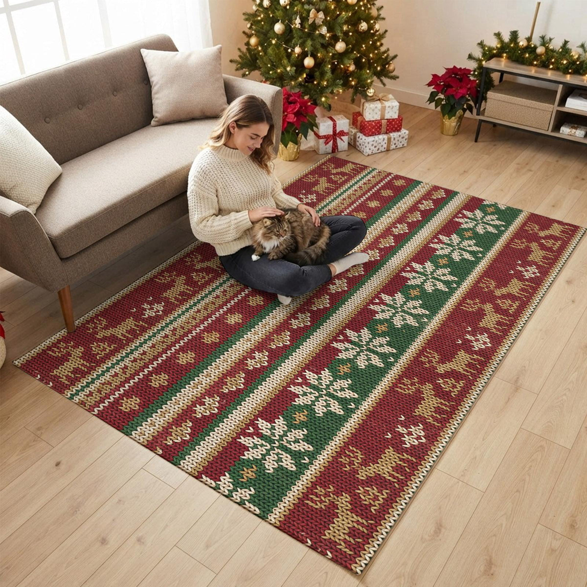 Christmas Washable Area Rug 5x7 Winter Farmhouse Red Green Snowflake Deer Striped Low-Profile Large Area Rugs with Non Slip Backing Indoor Floor Carpet for Entrance Living Room Bedroom Home Office