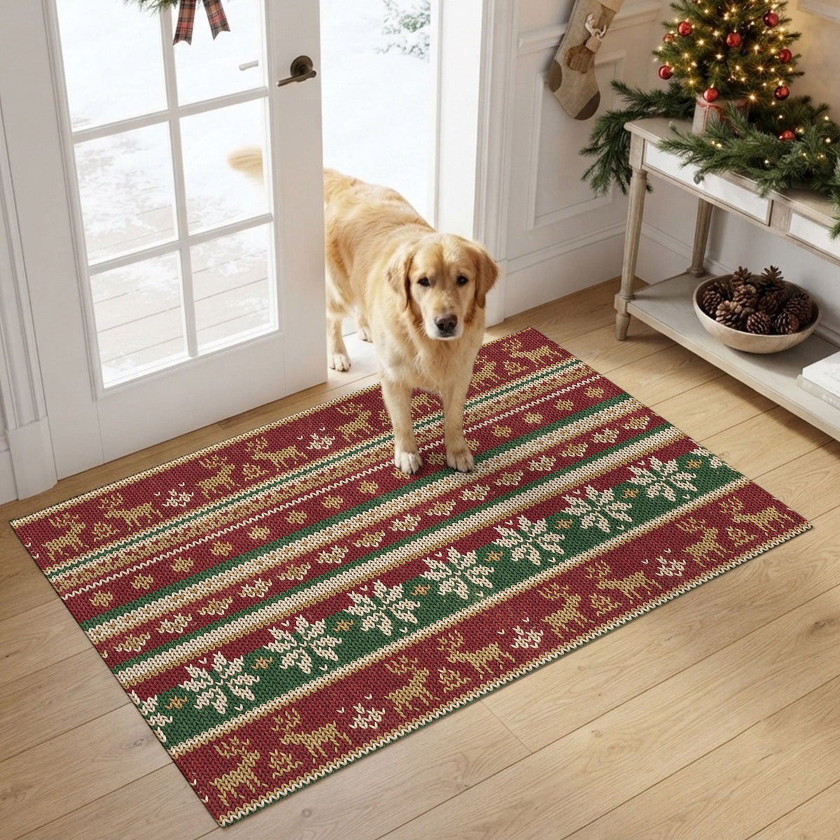 Christmas Washable Area Rug 5x7 Winter Farmhouse Red Green Snowflake Deer Striped Low-Profile Large Area Rugs with Non Slip Backing Indoor Floor Carpet for Entrance Living Room Bedroom Home Office