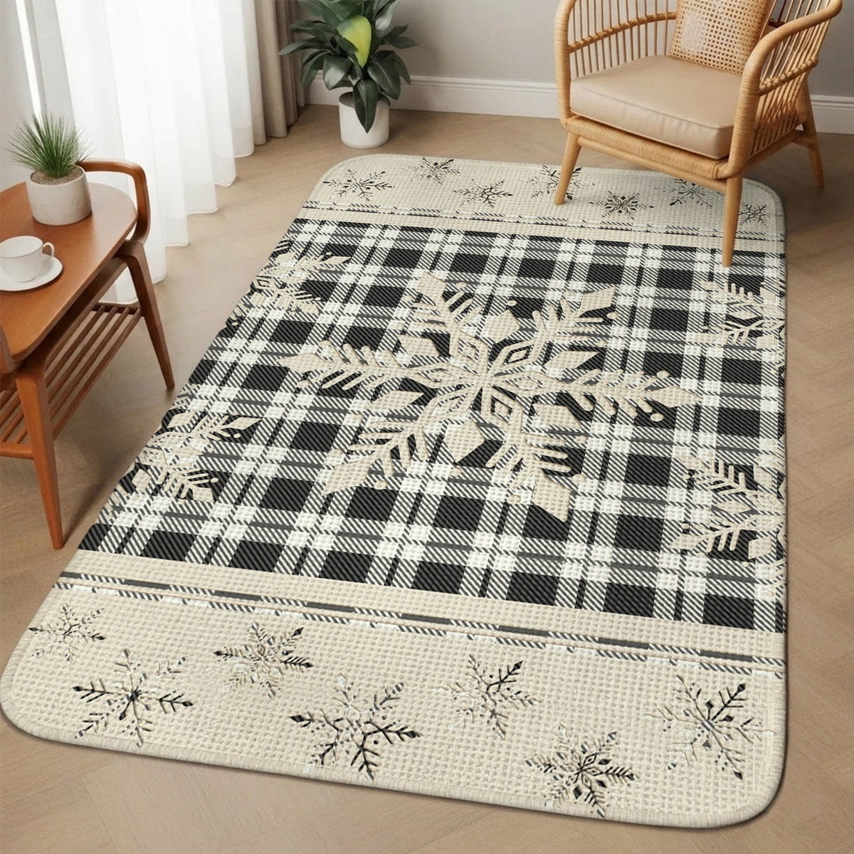 Christmas Snowflake Washable Area Rugs for Living Room Bedroom, Large Non Slip Indoor Floor Carpet Absorbent Low Pile Black Plaid Xmas Winter Rustic Door Mat Rugs for Bathroom Entryway 63"x78.7"