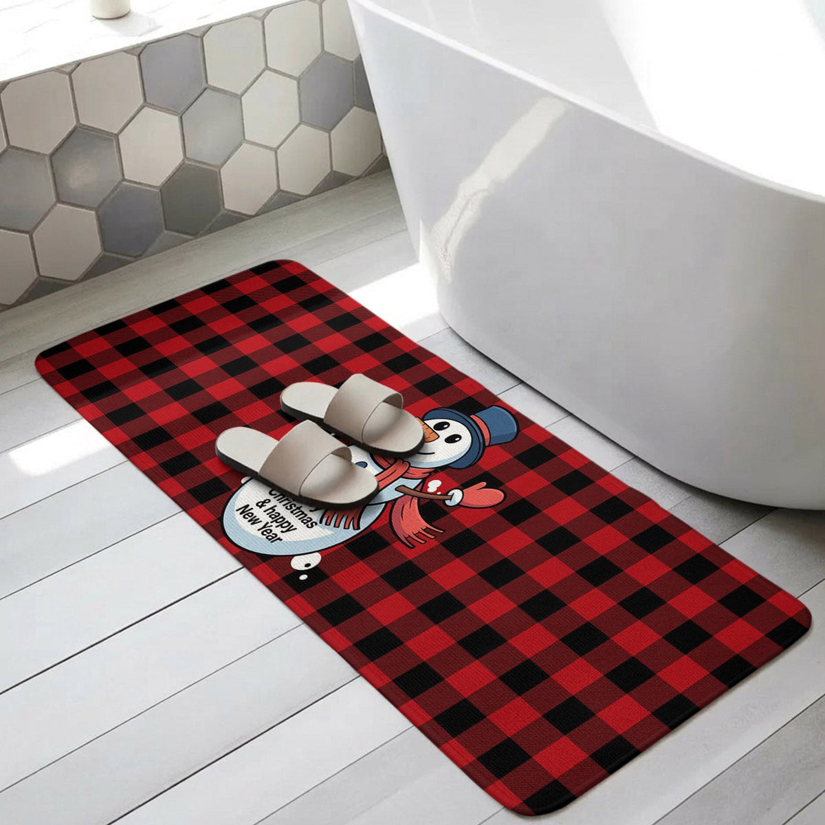 Christmas Snowman Bathroom Runner Rugs Non Slip Washable Absorbent Narrow Long Bath Mat Winter Holiday Xmas Red Black Plaid Runner Rugs for Kitchen Hallway Bedroom Laundry Study Room 31.5"x78.7"