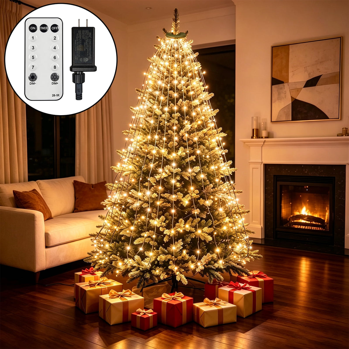 Christmas Tree Lights with Ring, 400 LED Cool White Tree Ring Light, 16 Strands 6.6FT Cascade with Remote & Timer for Indoor Xmas Tree Decor