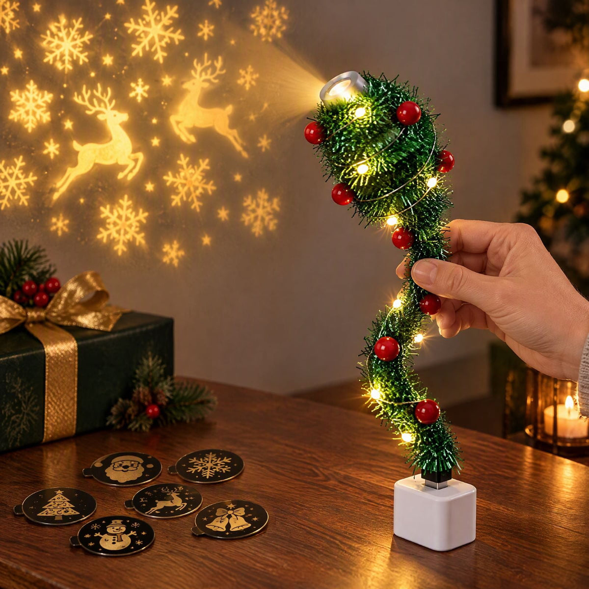 Magical Christmas Projection Night Light, USB Powered Holiday Projector with Festive Wall and Ceiling Effects for Bedroom, Living Room and Christmas Party Ambiance