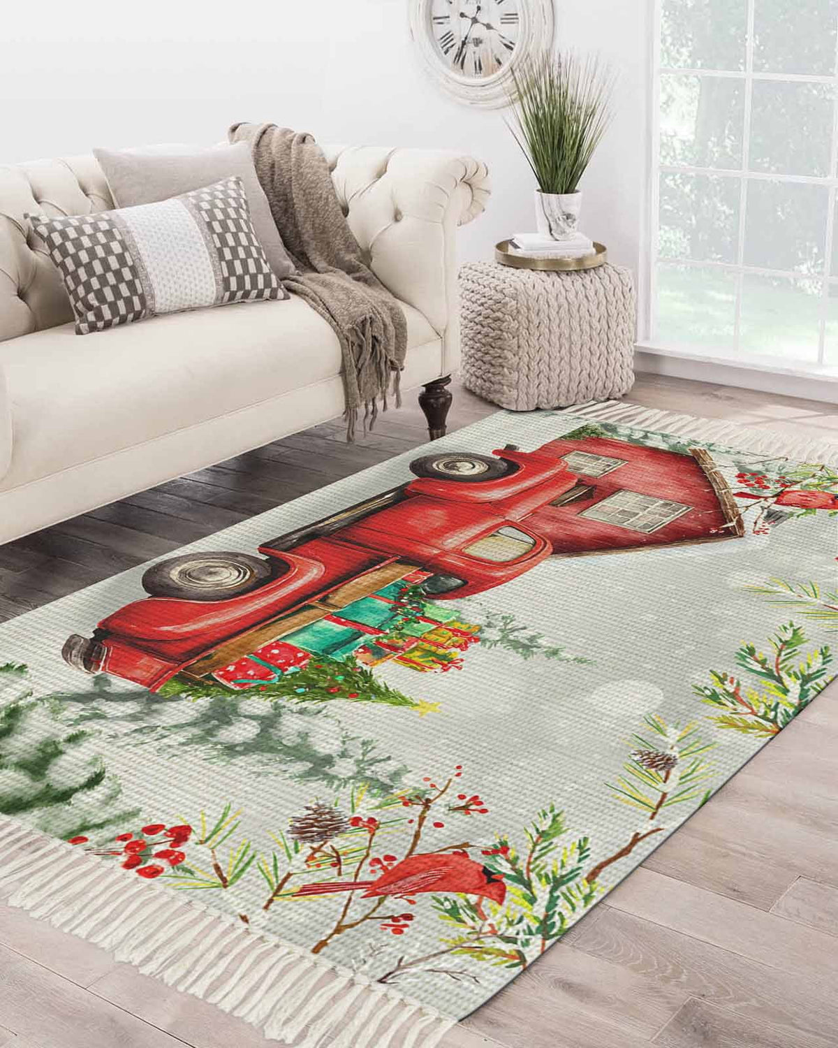 Christmas Truck Large Area Rug 4x6ft Woven Runner Rug,Xmas Trees Red Birds Snowflake Winter Gift Living Room Bedroom Kitchen Bathroom Classroom Carpet with Tassels,Indoor Outdoor Throw Door Mat