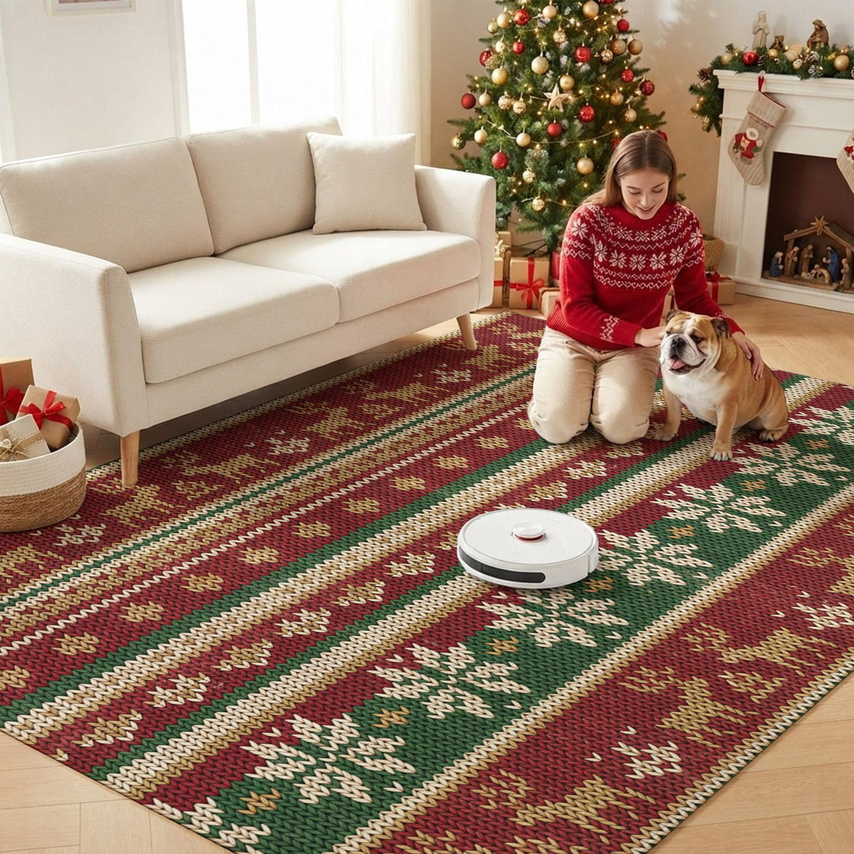 Christmas Washable Area Rug 5x7 Winter Farmhouse Red Green Snowflake Deer Striped Low-Profile Large Area Rugs with Non Slip Backing Indoor Floor Carpet for Entrance Living Room Bedroom Home Office