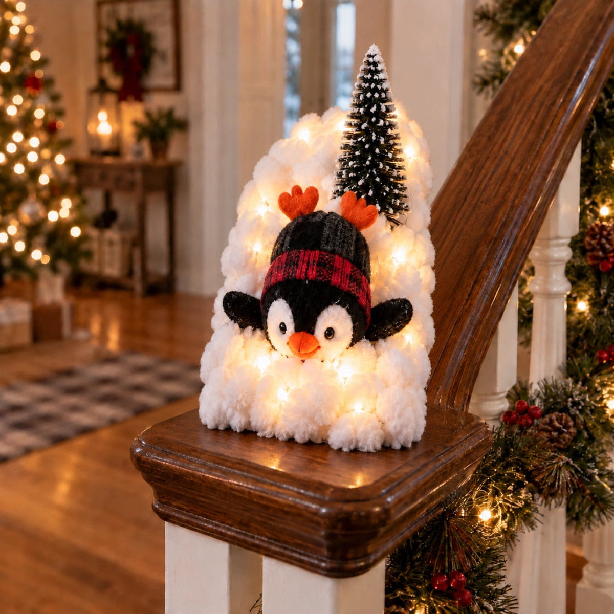 5Pack Penguin Christmas Stair Snow Decor Set,Festive Railing Accent with Playful Winter Scene,