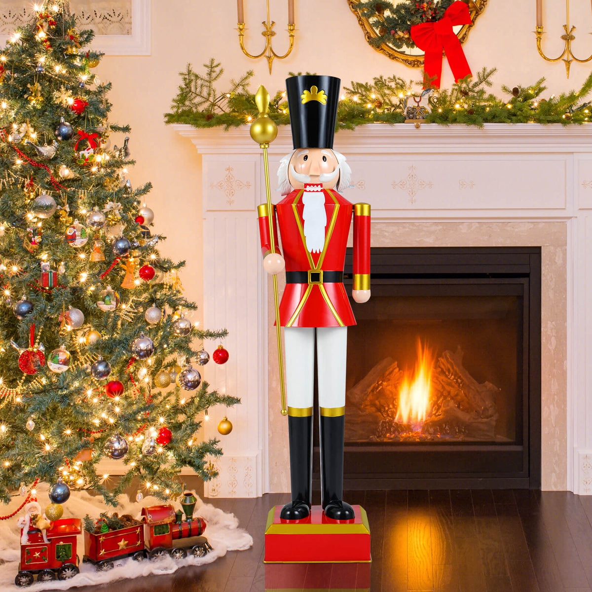 Costway 4’ Christmas Nutcracker with High Hat & Beautiful Scepter, Uniform & Boots for Yard Black+Red