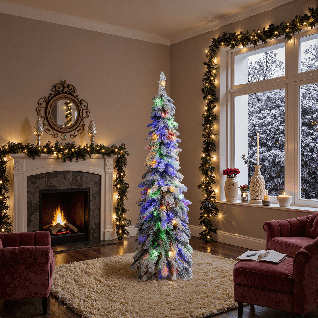 Costway 5 FT Pre-Lit Slim Christmas Tree Flocked Xmas Decoration 11 Modes 150 LED Lights