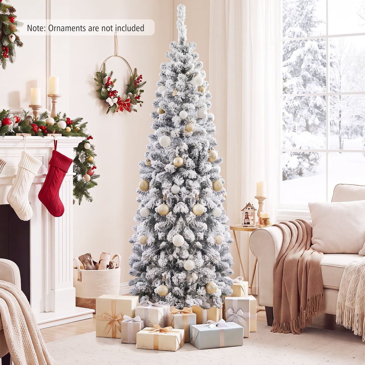 Costway 4.5 FT Unlit Flocked Pencil Christmas Tree Hinged with 242 Branch Tips