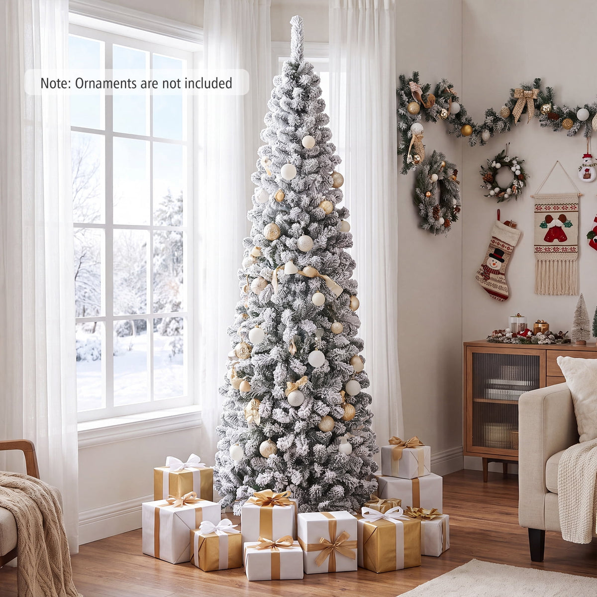 Costway 4.5 FT Unlit Flocked Pencil Christmas Tree Hinged with 242 Branch Tips