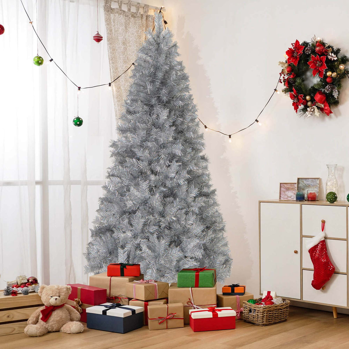 Costway 7 FT Christmas Tree Artificial Xmas Tree with 807 Branch Tips 400 LED Lights