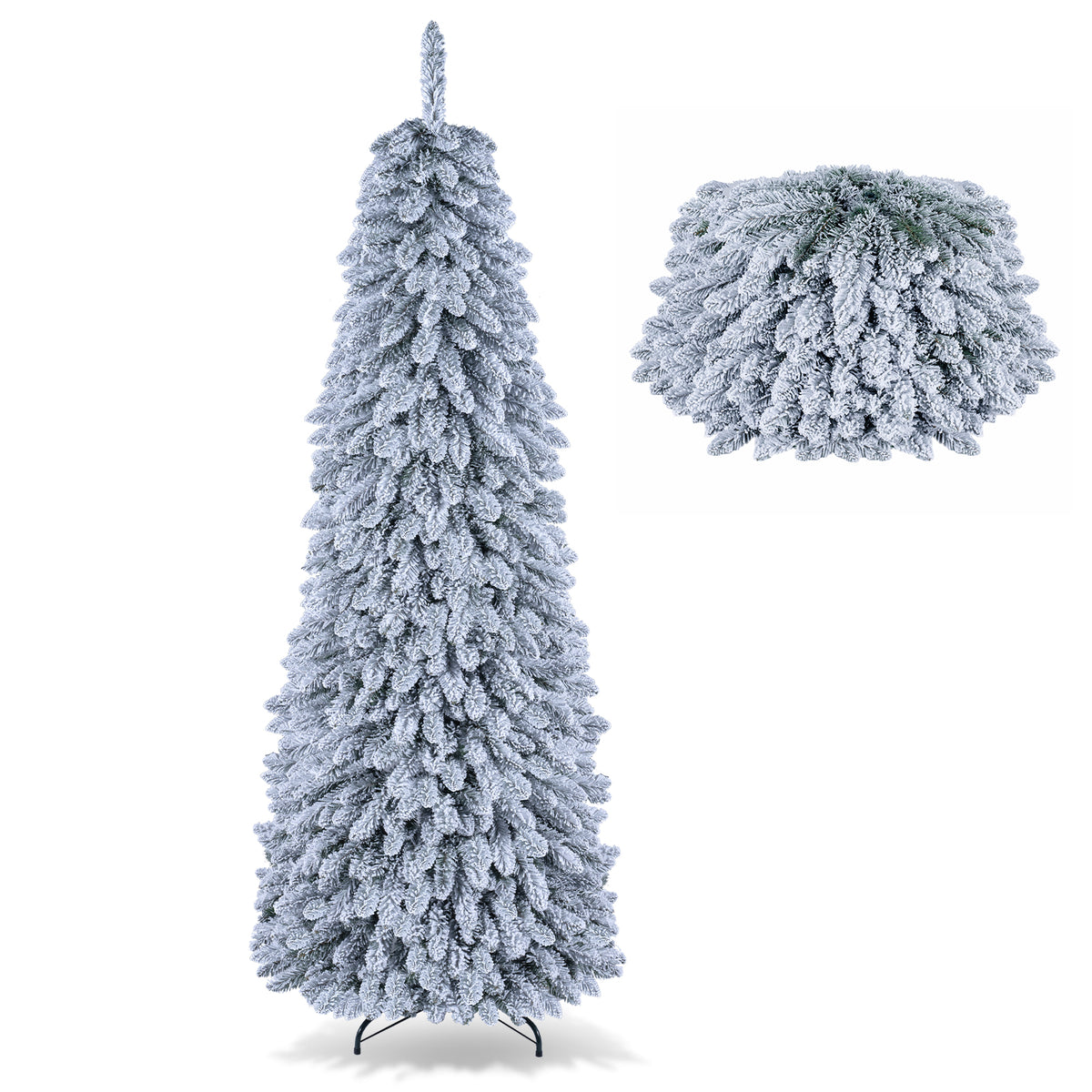 Costway 5 FT Pre-Lit Slim Christmas Tree Flocked Xmas Decoration 11 Modes 150 LED Lights