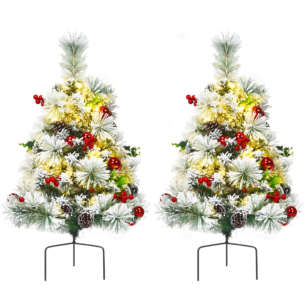 Costway Set of 2 29 in Battery Powered Pre-lit Pathway Flocked Christmas Trees Outdoor