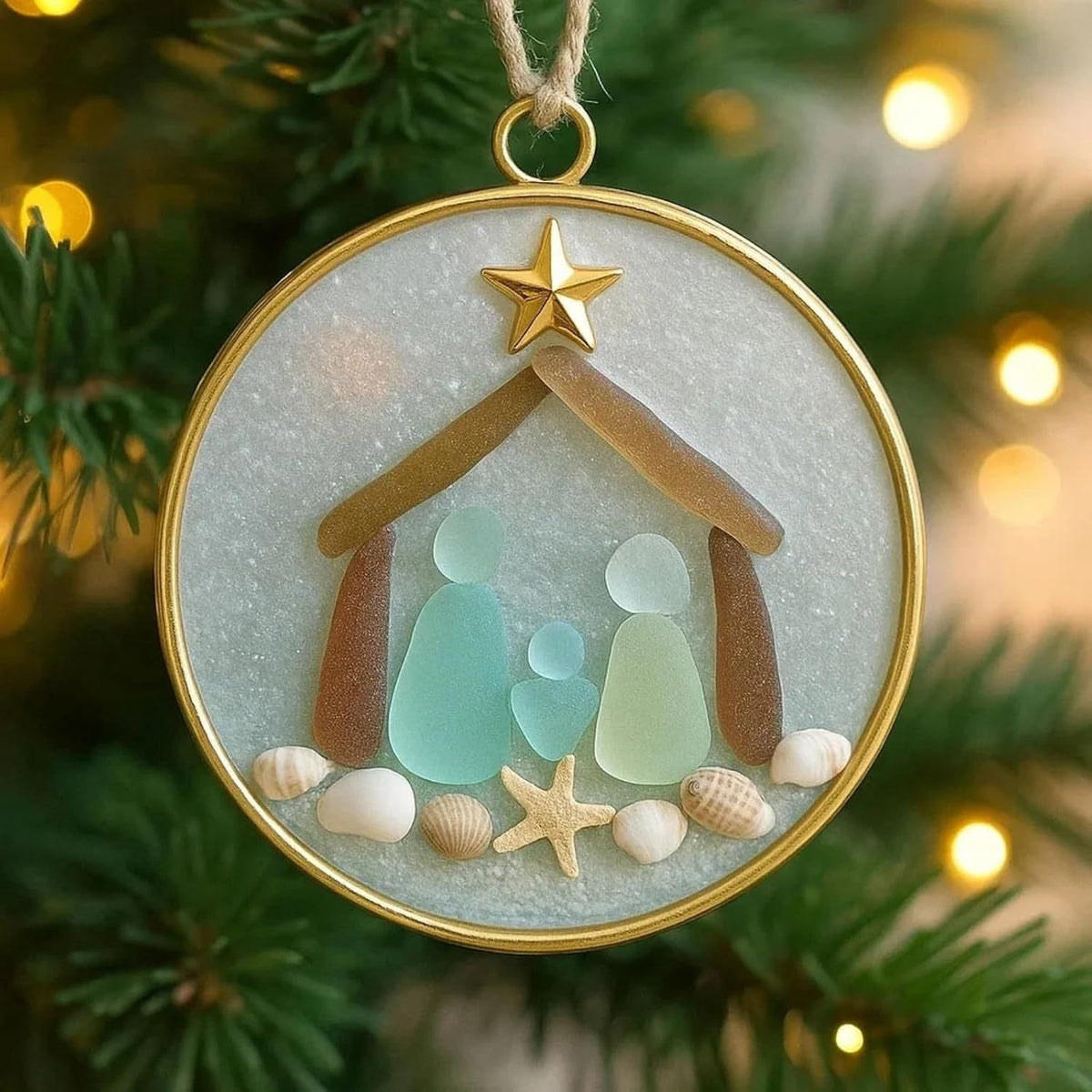 DAMAI Sea Glass Nativity Christmas Ornament,Hanging Sea Glass Nativity Christmas Tree Decoration,Coastal Inspired Sea Glass Nativity Ornament,Handmade Nativity Scene, with Shells and Starfish