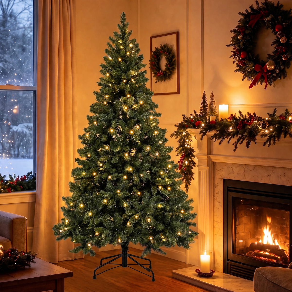 DAYBETTER 8ft Artificial Christmas Tree, 500 Warm White Lights & 1335 Branch Tips, Includes Metal Stand, Indoor/Outdoor Xmas Holiday Decor