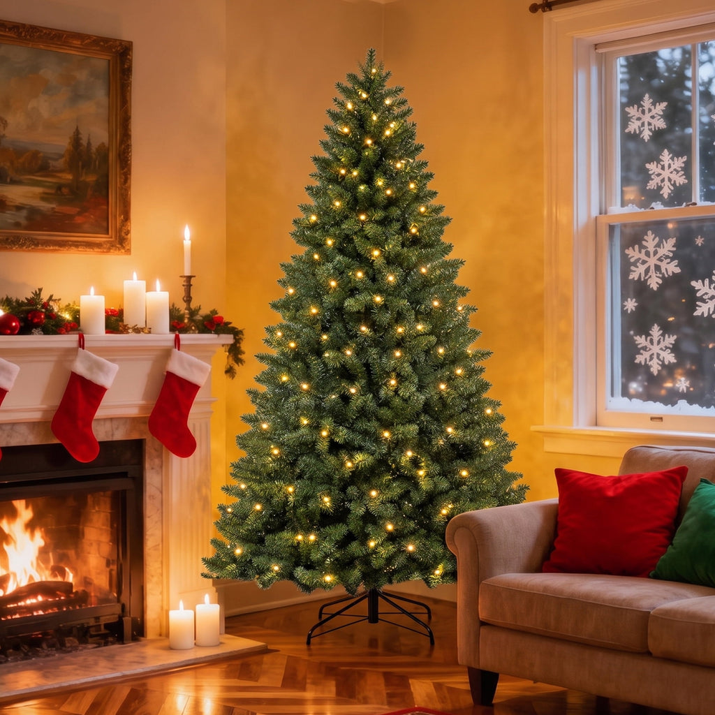 DAYBETTER 8ft Artificial Christmas Tree, 500 Warm White Lights & 1335 Branch Tips, Includes Metal Stand, Indoor/Outdoor Xmas Holiday Decor