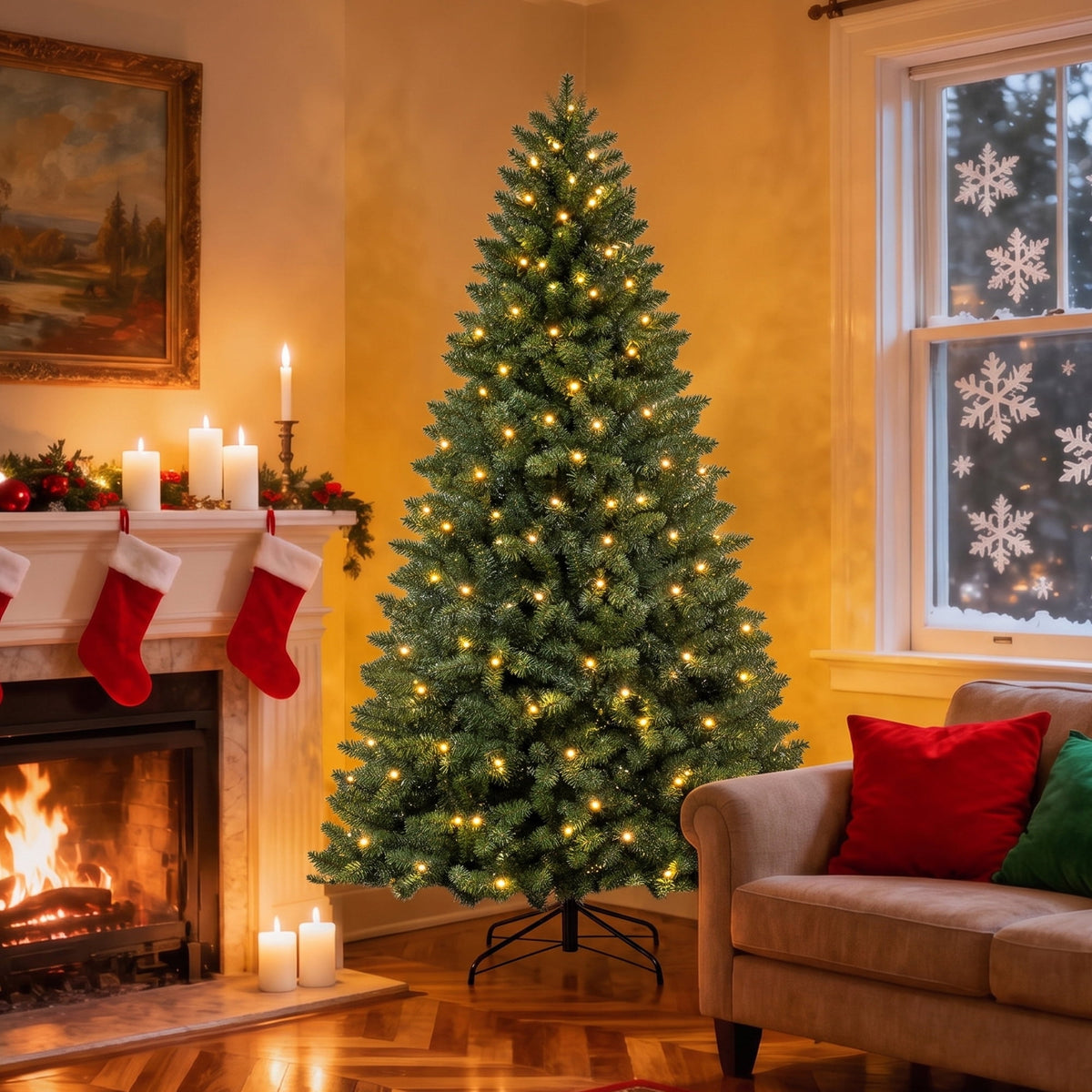 DAYBETTER 8ft Artificial Christmas Tree, 500 Warm White Lights & 1335 Branch Tips, Includes Metal Stand, Indoor/Outdoor Xmas Holiday Decor