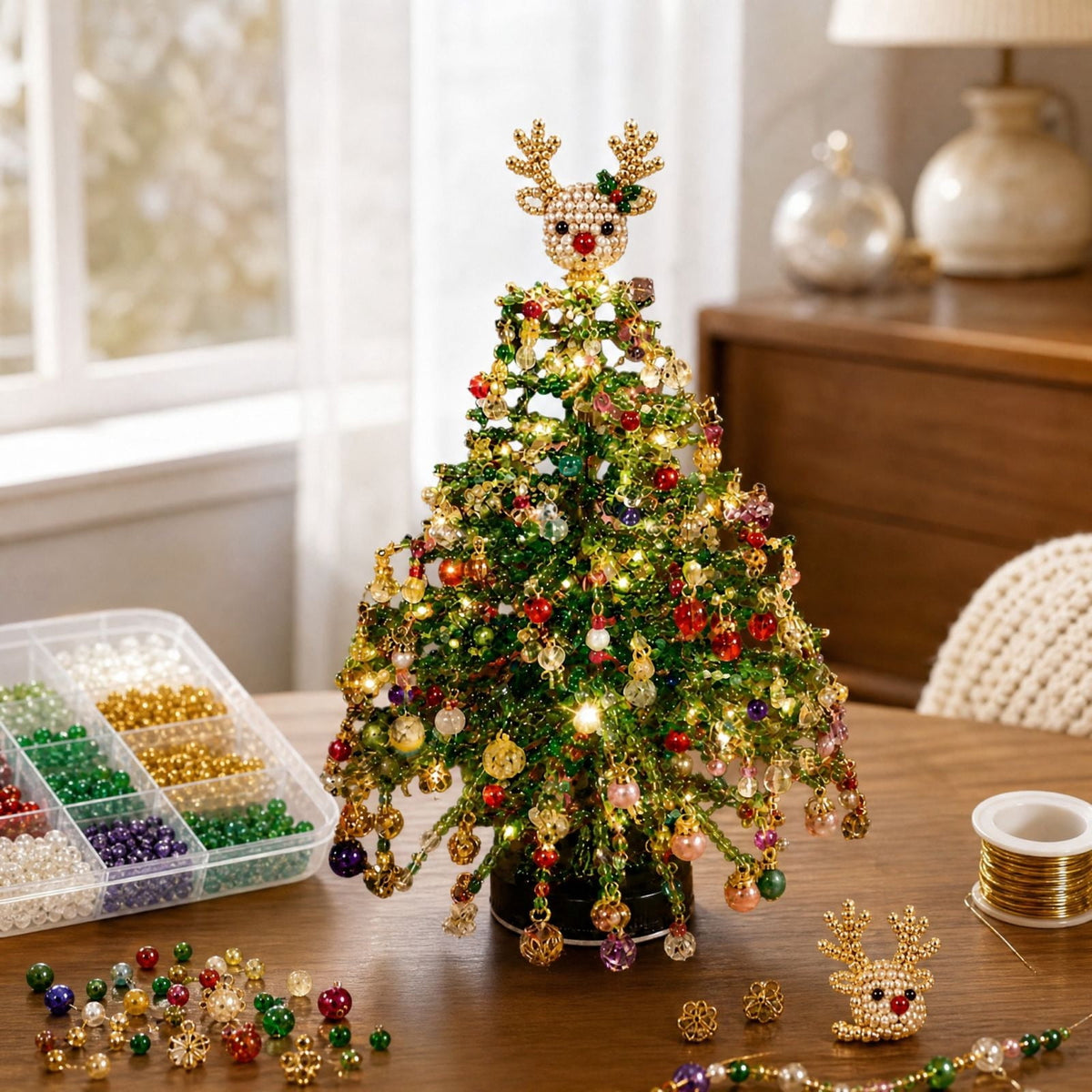 DIY Beaded Christmas Tree Kit - Handmade Mini Tabletop Xmas Tree with Santa Topper, Built-In Warm Lights, Holiday Decor Craft Gift for Adults