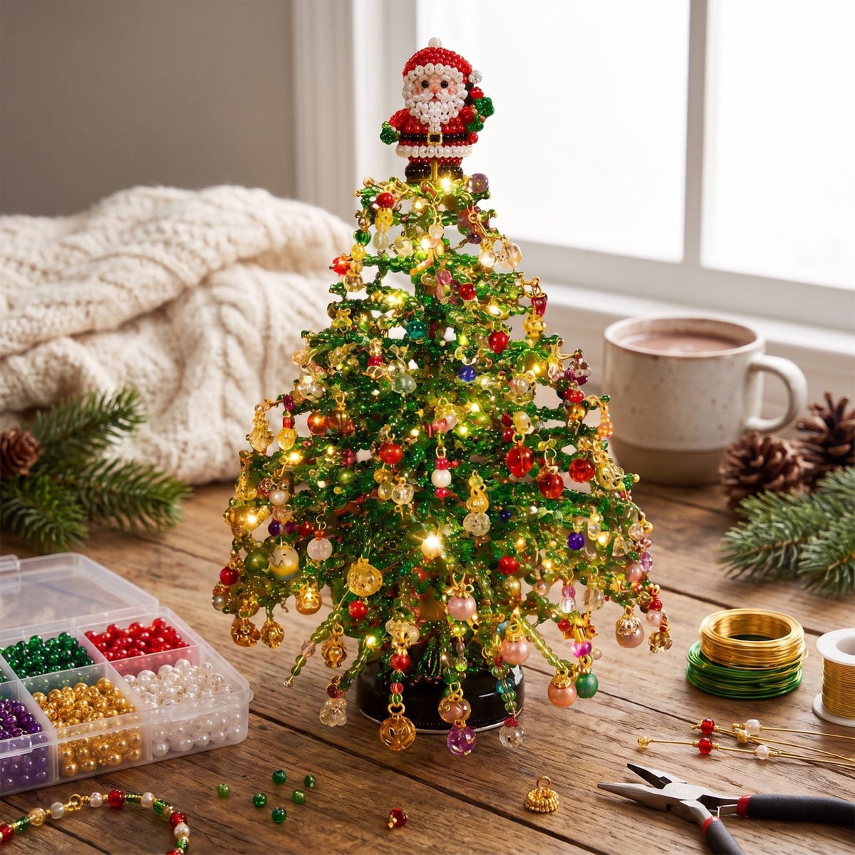 DIY Beaded Christmas Tree Kit - Handmade Mini Tabletop Xmas Tree with Santa Topper, Built-In Warm Lights, Holiday Decor Craft Gift for Adults