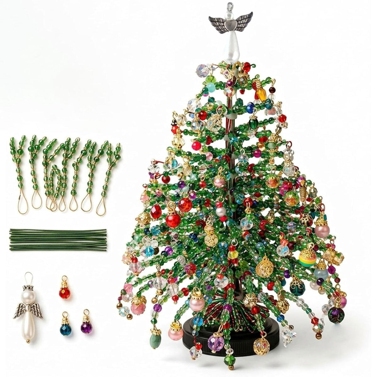 DIY Beaded Christmas Tree Kit - Handmade Mini Tabletop Xmas Tree with Santa Topper, Built-In Warm Lights, Holiday Decor Craft Gift for Adults
