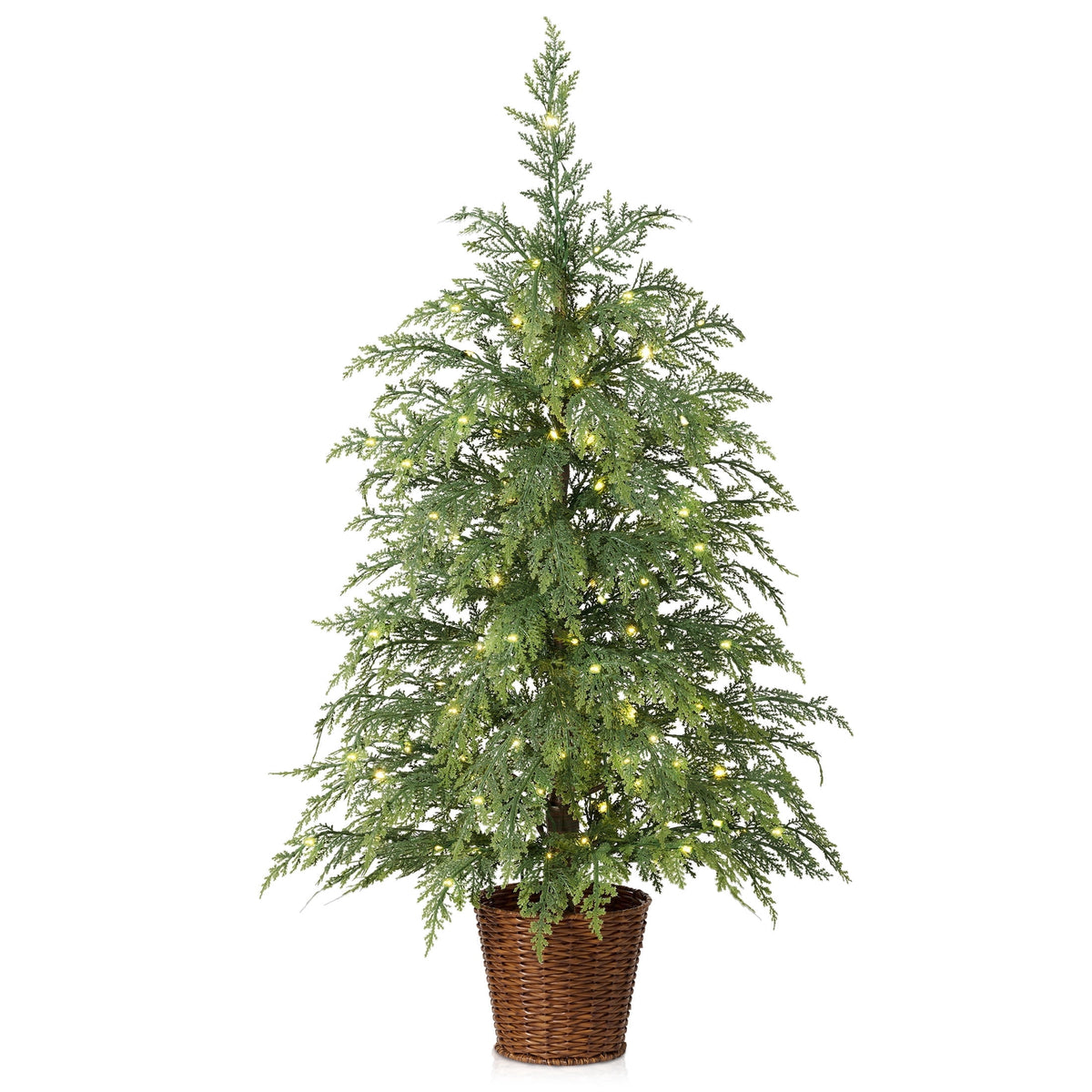 DR.Planzen 24" Pre-Lit Green Cypress Artificial Christmas Tree with 30 Warm White LED Lights, Mini Tabletop Xmas Tree in Woven Basket Base, Indoor Holiday Decoration