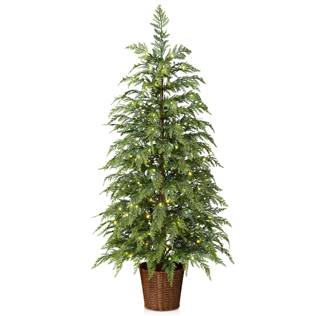 DR.Planzen 24" Pre-Lit Green Cypress Artificial Christmas Tree with 30 Warm White LED Lights, Mini Tabletop Xmas Tree in Woven Basket Base, Indoor Holiday Decoration