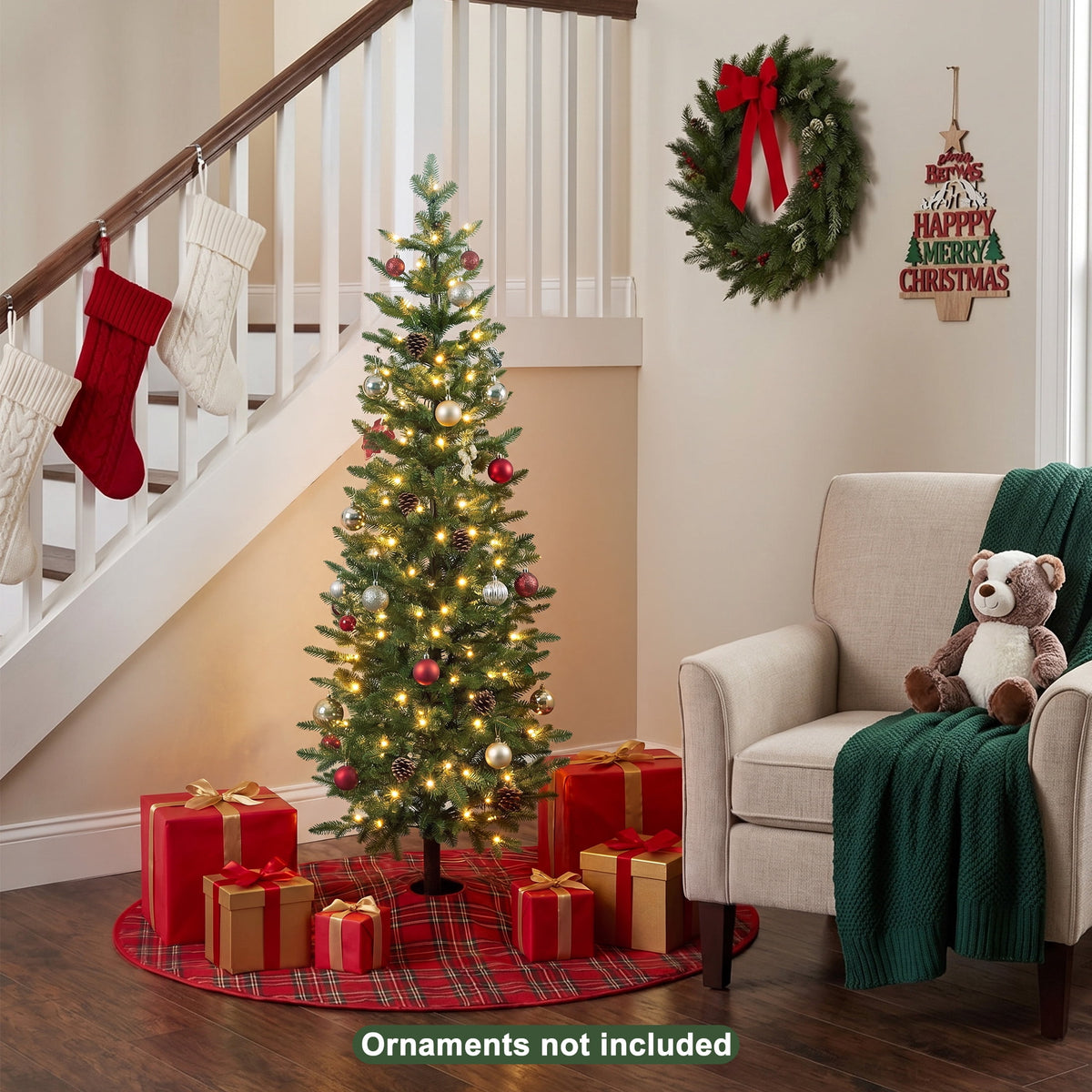DR.Planzen 6ft Prelit Pencil Christmas Tree with 150 Warm White LED Lights, 1571 PE Branch Tips, Iron Base, Slim Artificial Christmas Tree for Apartment, Entryway, Corner, Office